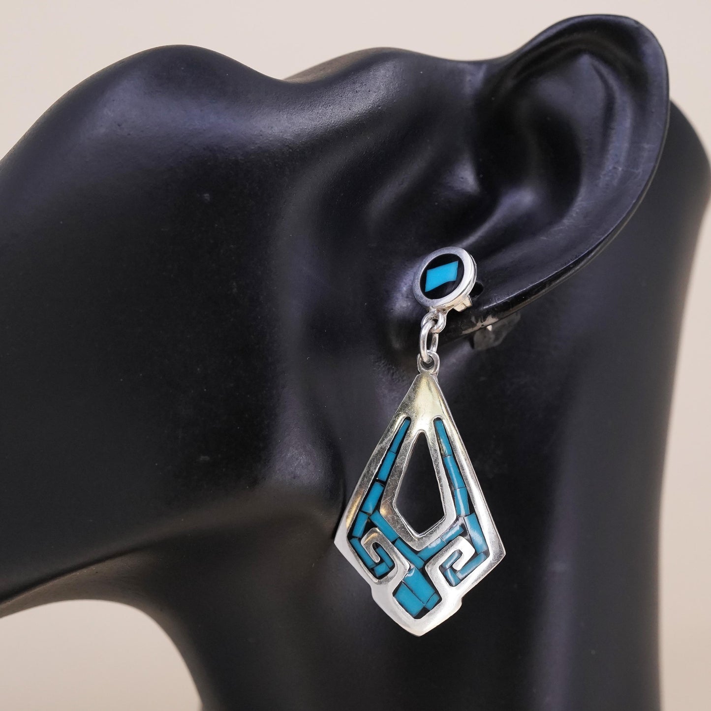 Vintage Mexican sterling 925 silver handmade single teardrop earring turquoise