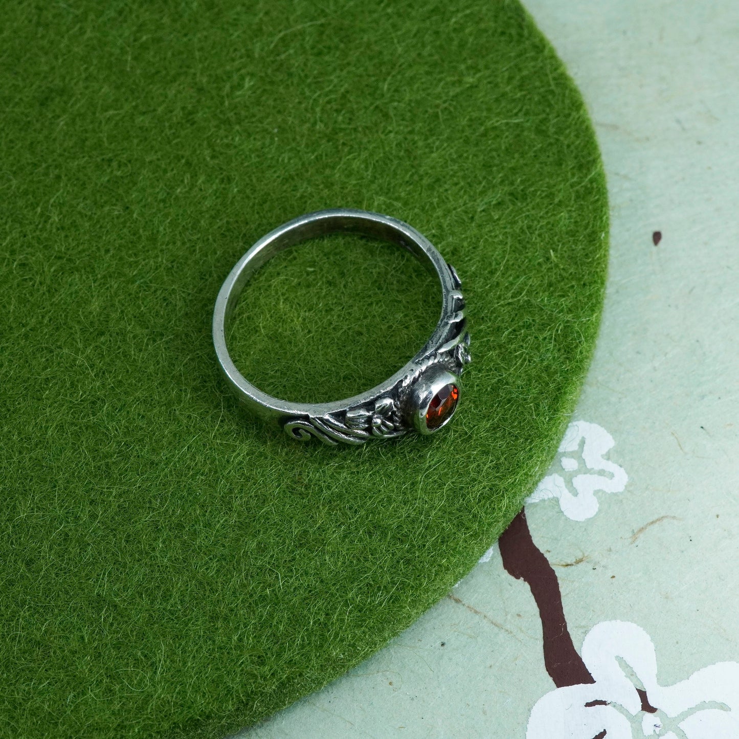 Size 7, Vintage sterling silver handmade ring, 925 stackable band with ruby