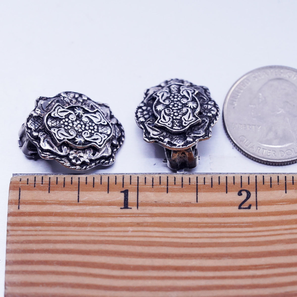 VTG Sterling 925 Silver Ornate Clip On, Floral Scroll Statement Earrings