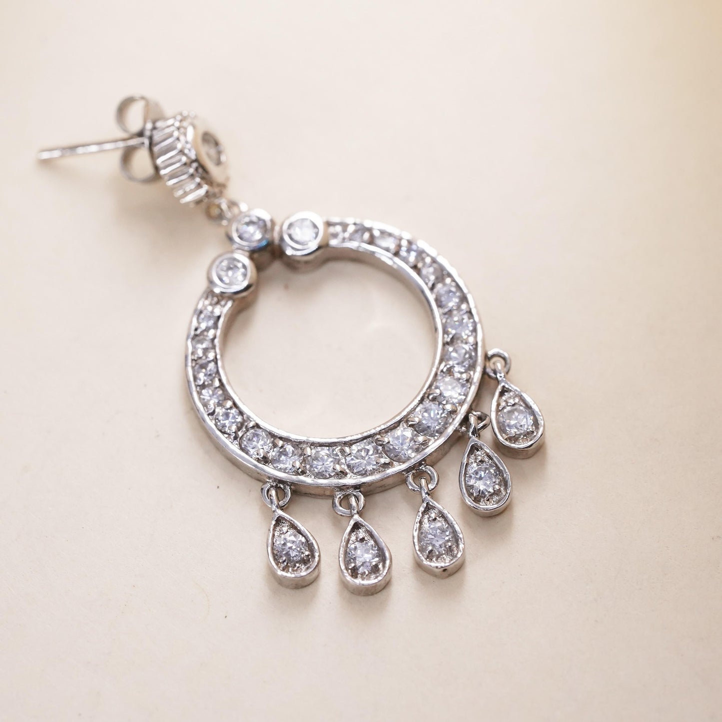Vintage sterling silver single earring, 925 silver circle dangle with clear Cz