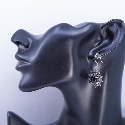 Vintage Sterling 925 silver handmade oval earrings with onyx and beads