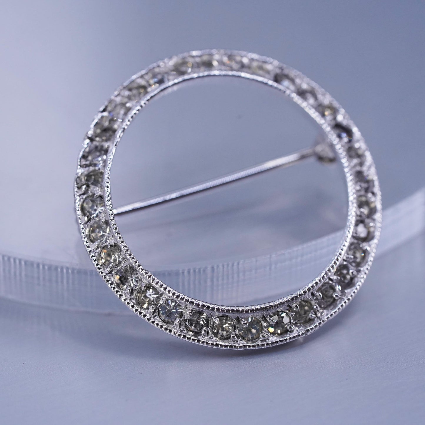 Vintage sterling silver handmade brooch, 925 circle pin with cluster cz
