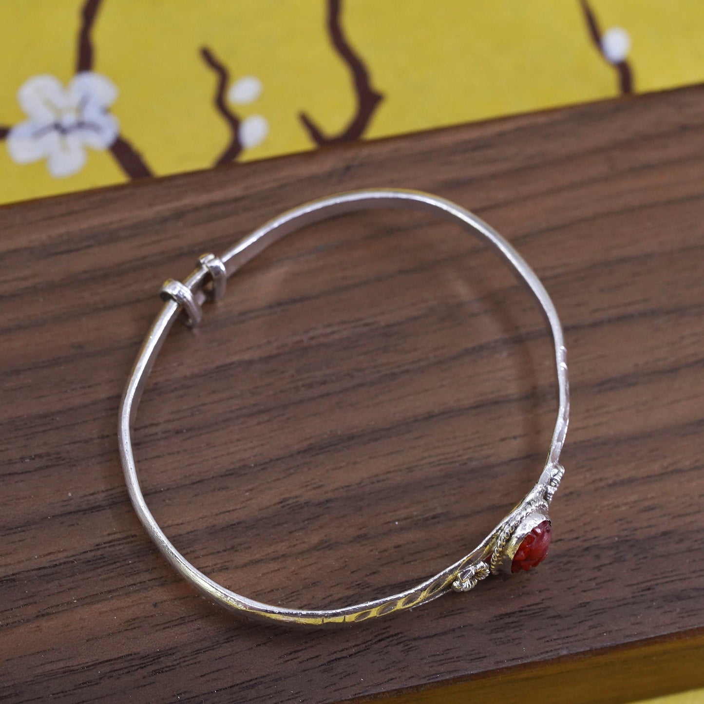Vintage Sterling silver handmade bracelet, 925 baby bangle with carved cinnabar