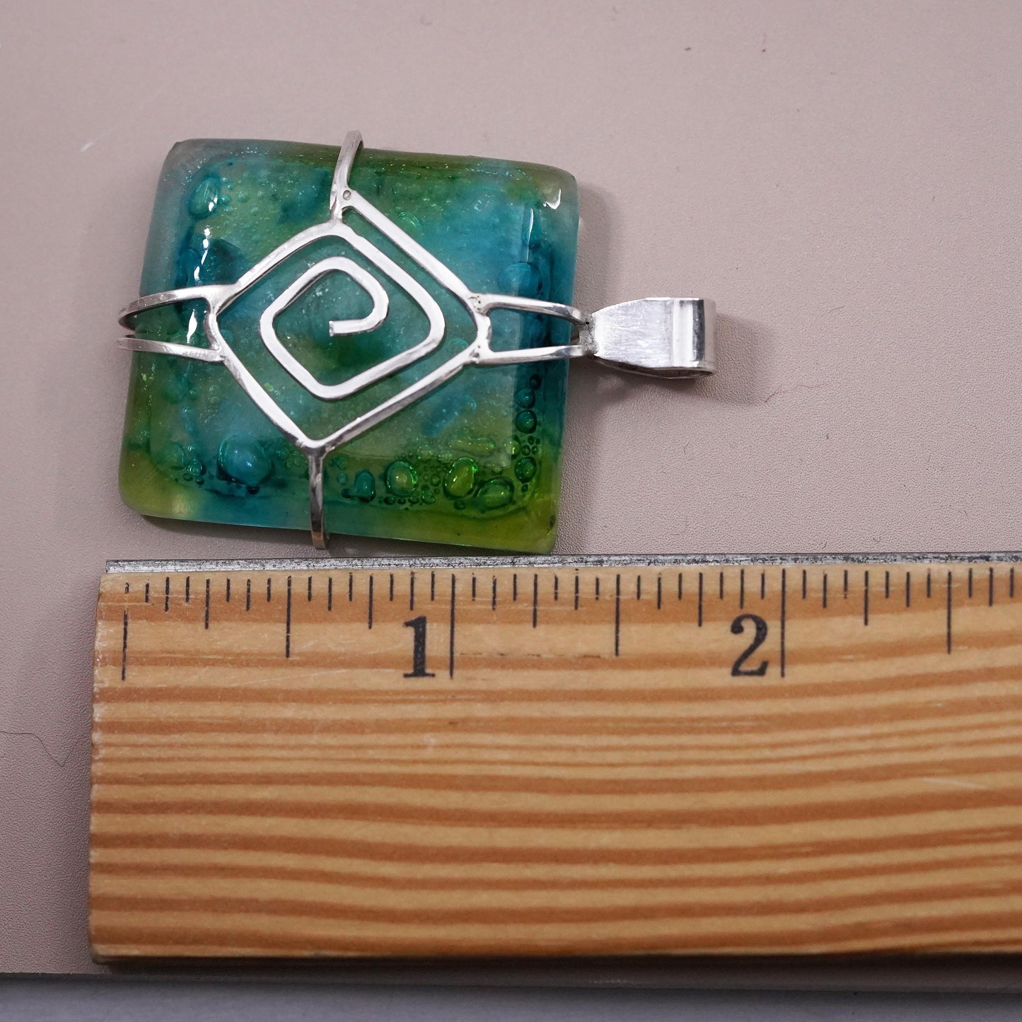 Vintage sterling 925 silver handmade square pendant green dichroic foiled glass