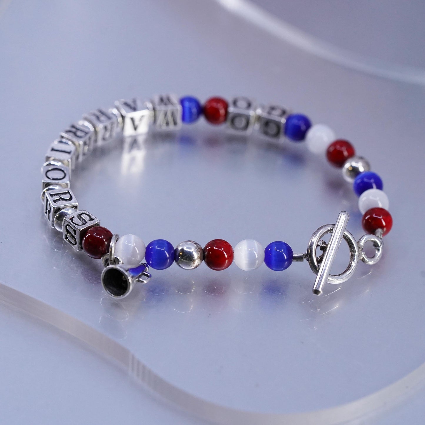 7", Sterling 925 silver bracelet cube letter "Go Warrior", cat eye beads charm