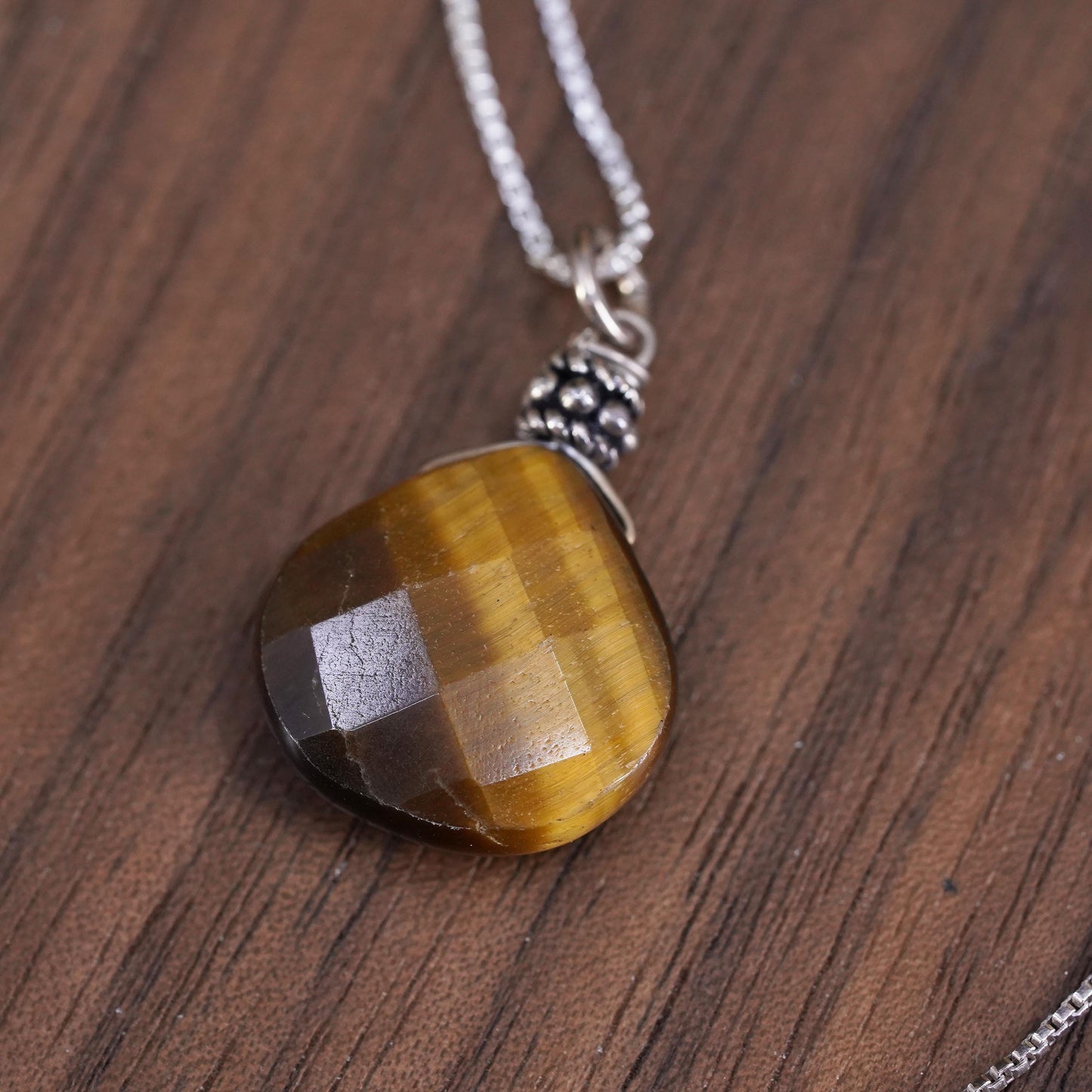 16", vintage Sterling silver box chain necklace 925 golden tiger eye pendant