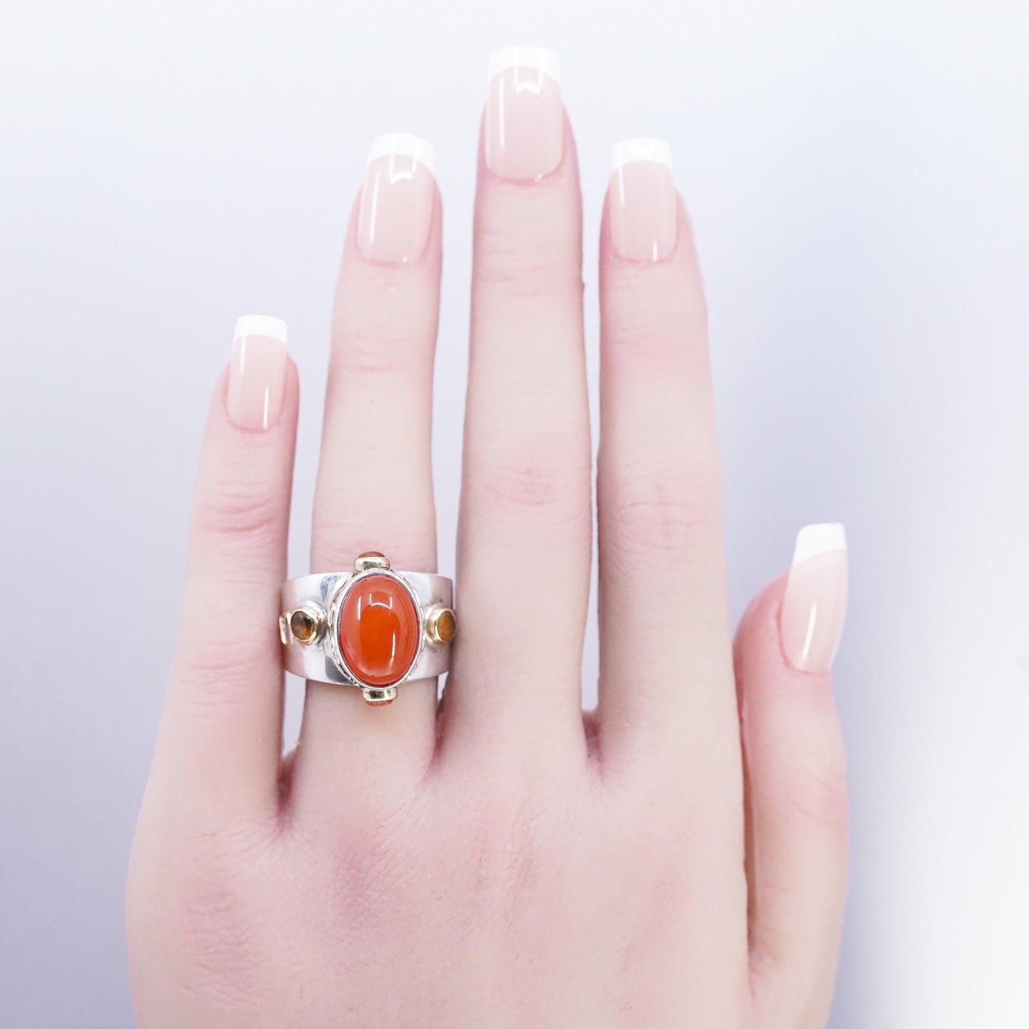 size 9, FUSION Sara Blaine Sterling 925 Silver 18K gold beaded Ring, Carnelian