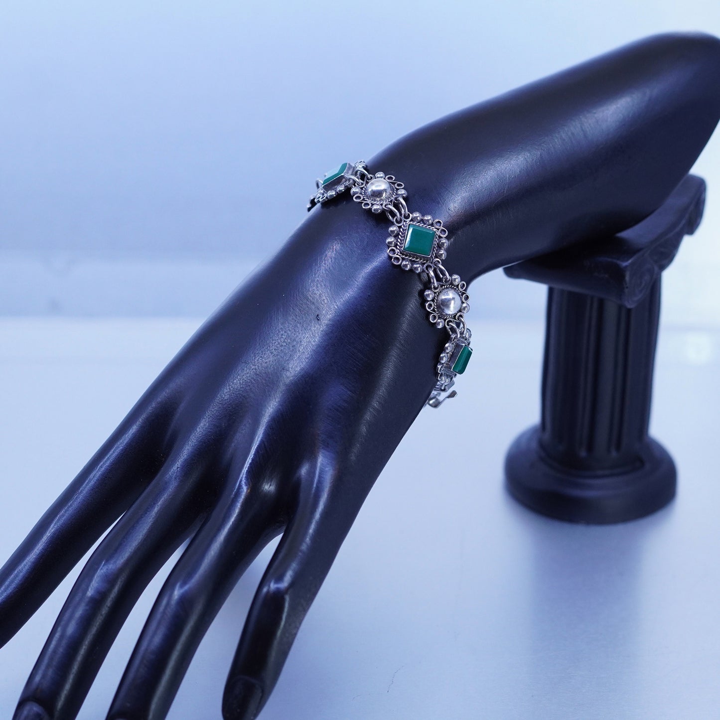 6.75”, Vintage mexico sterling 925 silver handmade bracelet with square jade