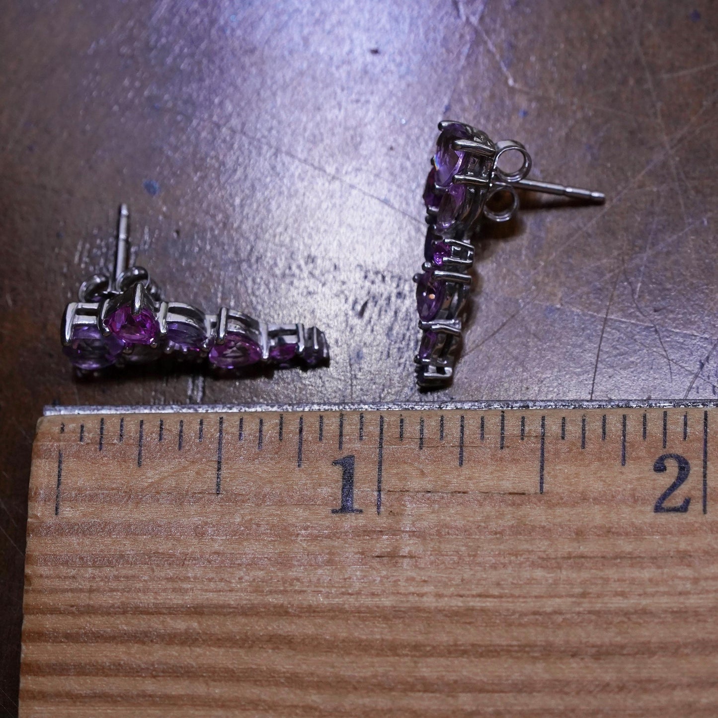 Vintage Sterling silver handmade earrings, 925 flower studs w/ cluster amethyst