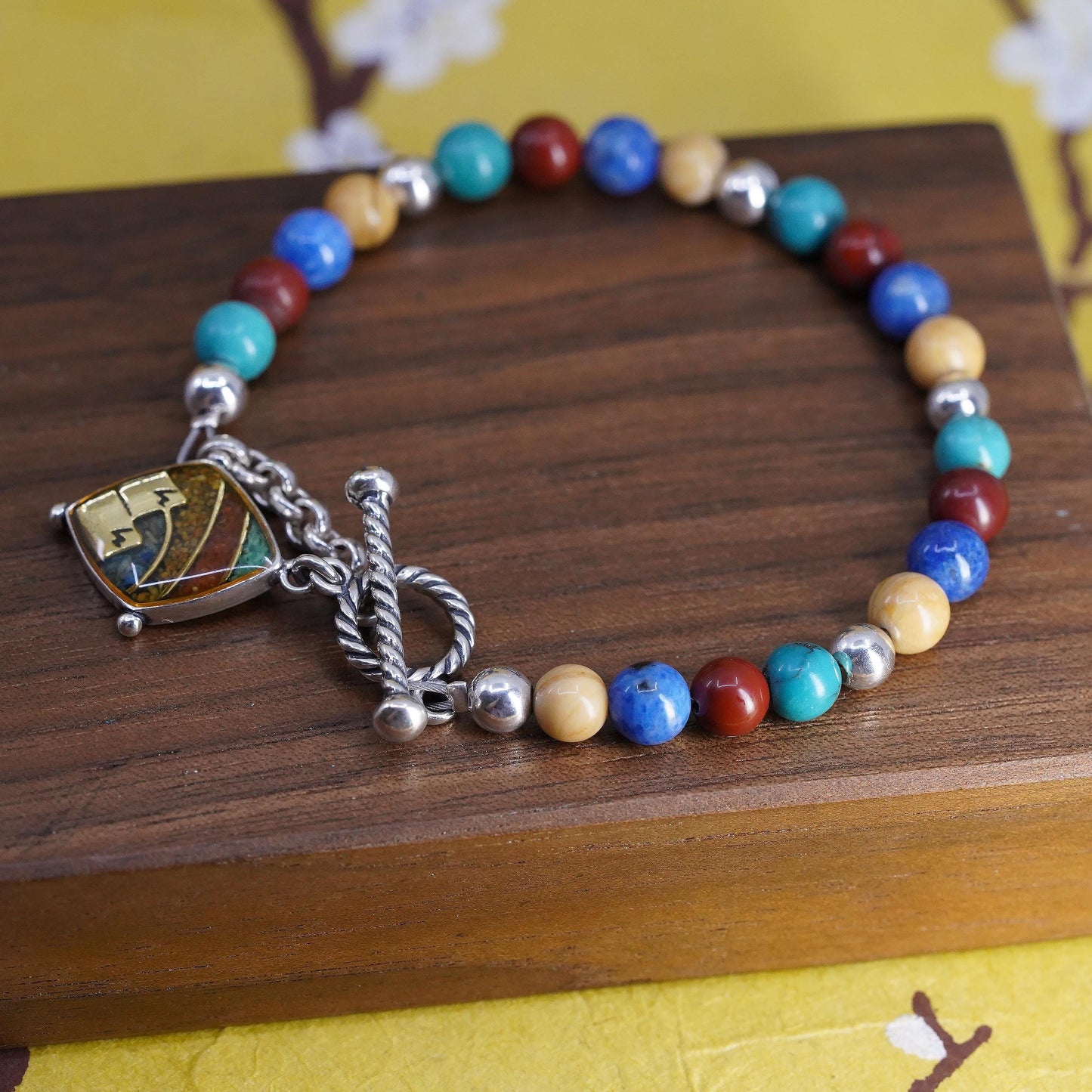 6.5+1", Carolyn Pollack 925 Sterling Silver Beaded Bracelet, Mountain Charm