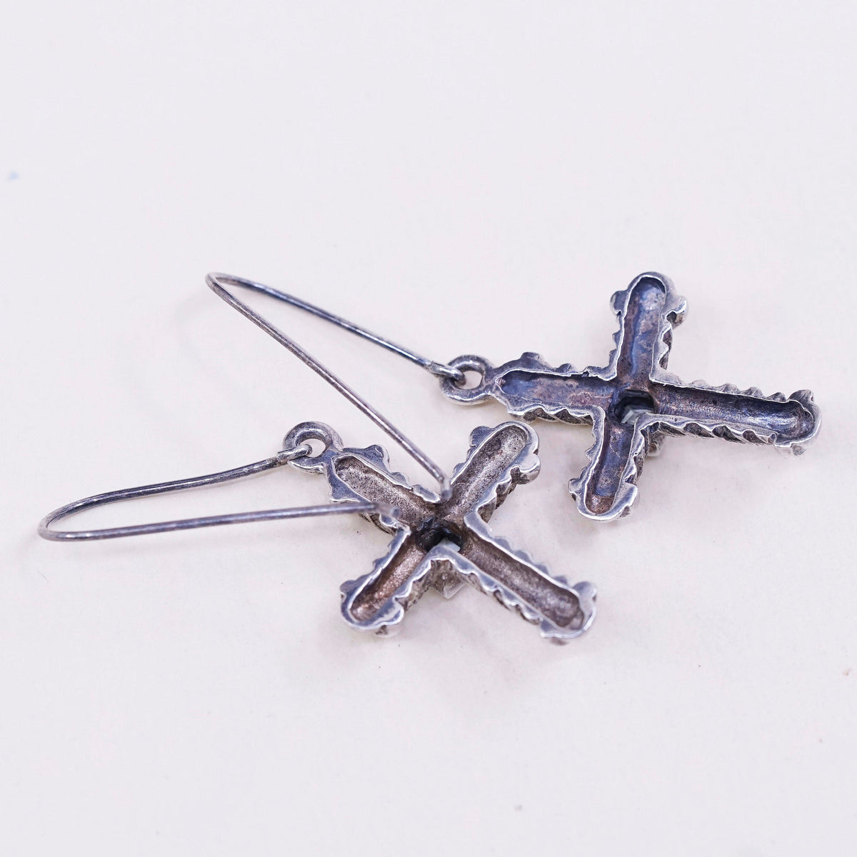 vtg Sterling silver handmade earrings, 925 silver twisted cross with topaz