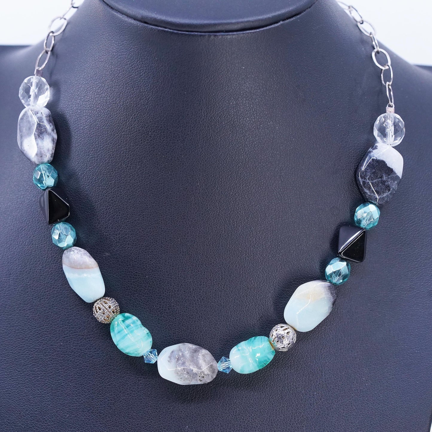 16+2", Sterling 925 silver oval chain necklace with larimar agate bead pendant
