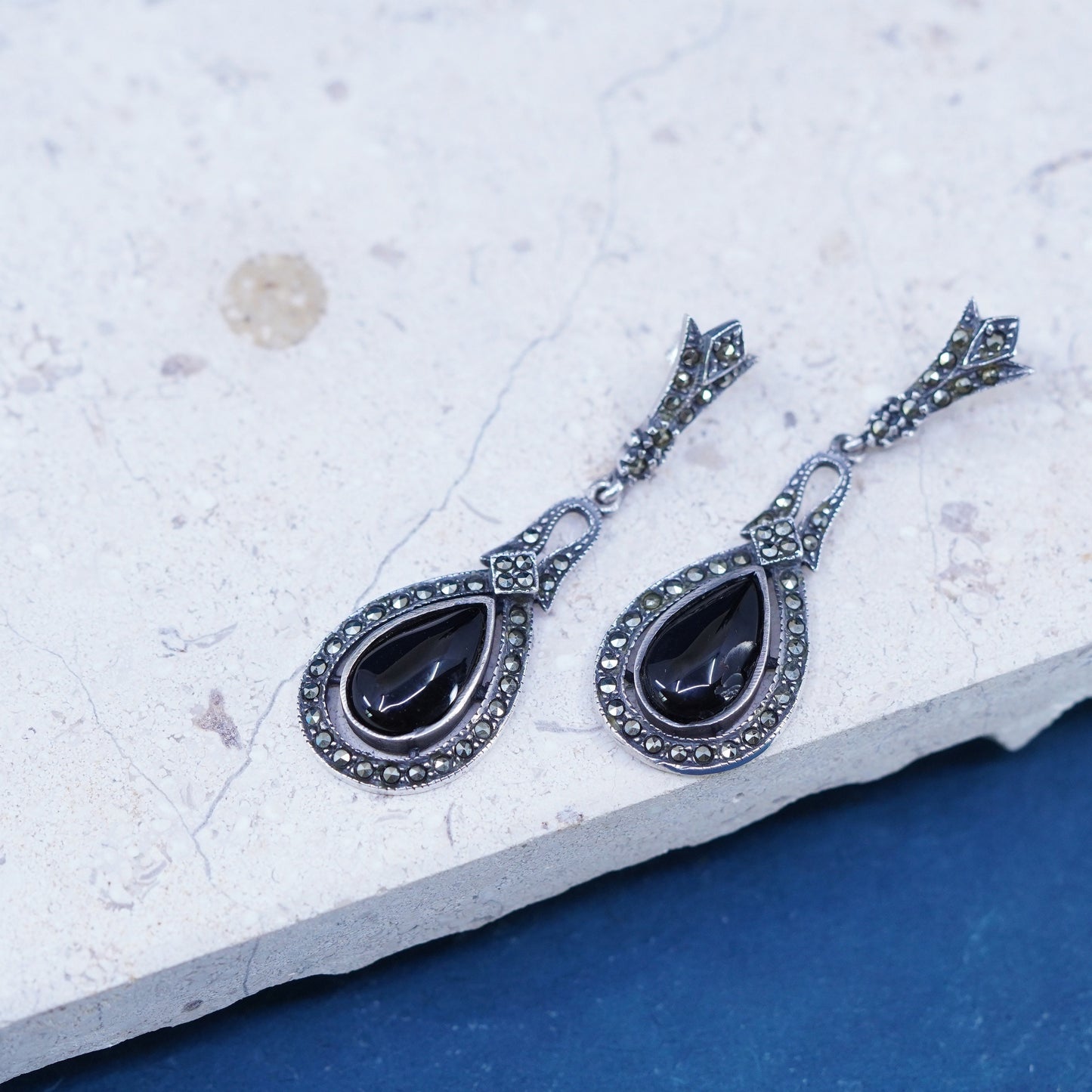 sterling 925 silver handmade teardrop earrings with obsidian and marcasite