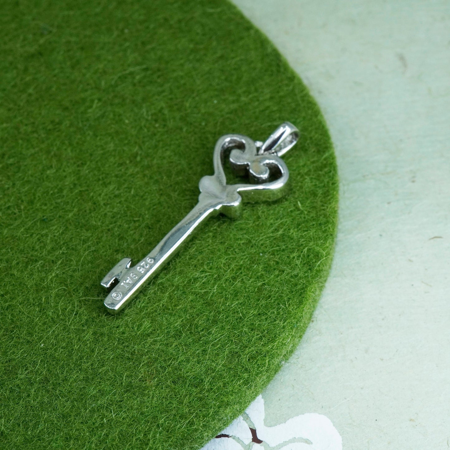 vintage SAI Sterling silver Pendant, 925 heart key with real diamond