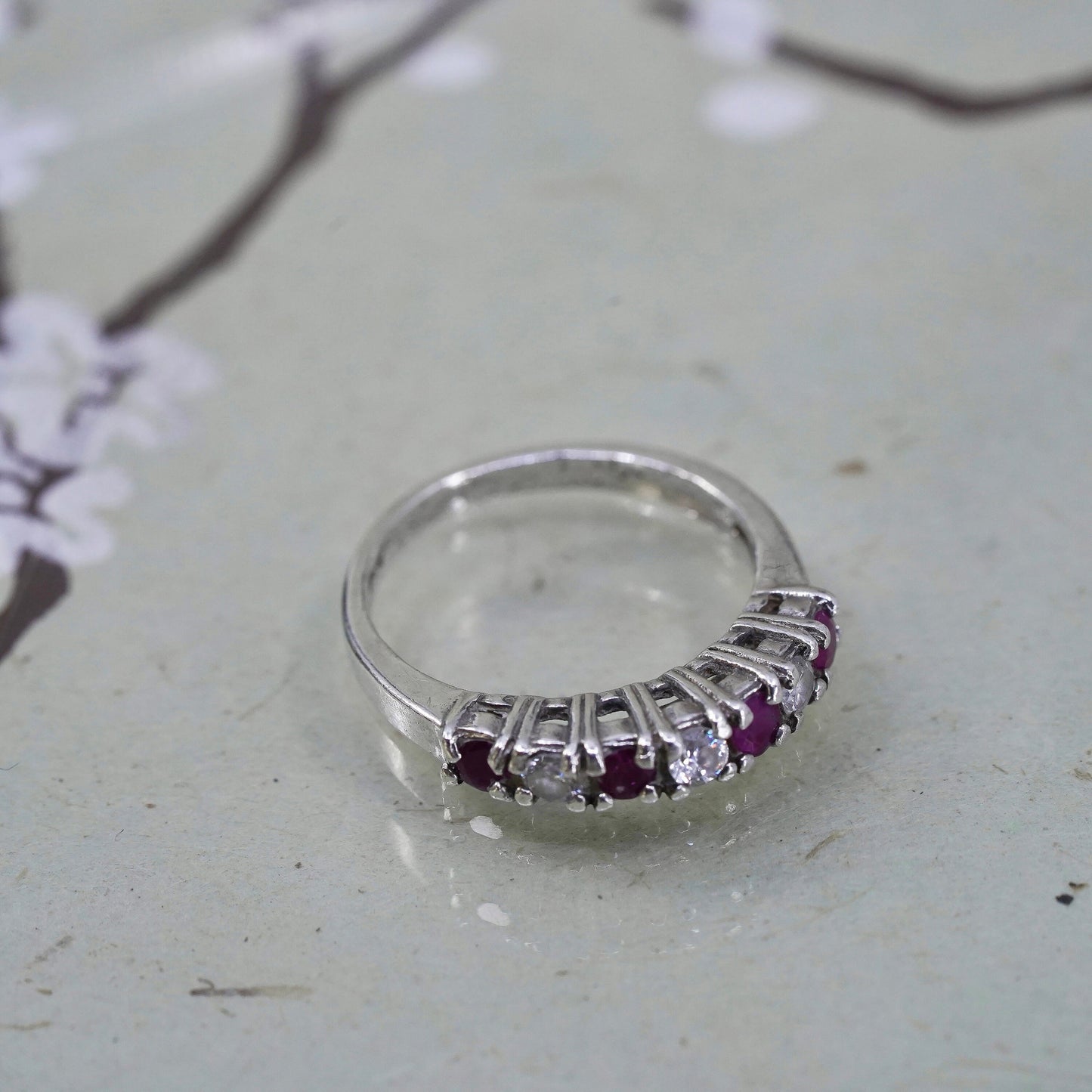 Size 5, vintage Sterling silver handmade ring, 925 stackable band ruby and cz