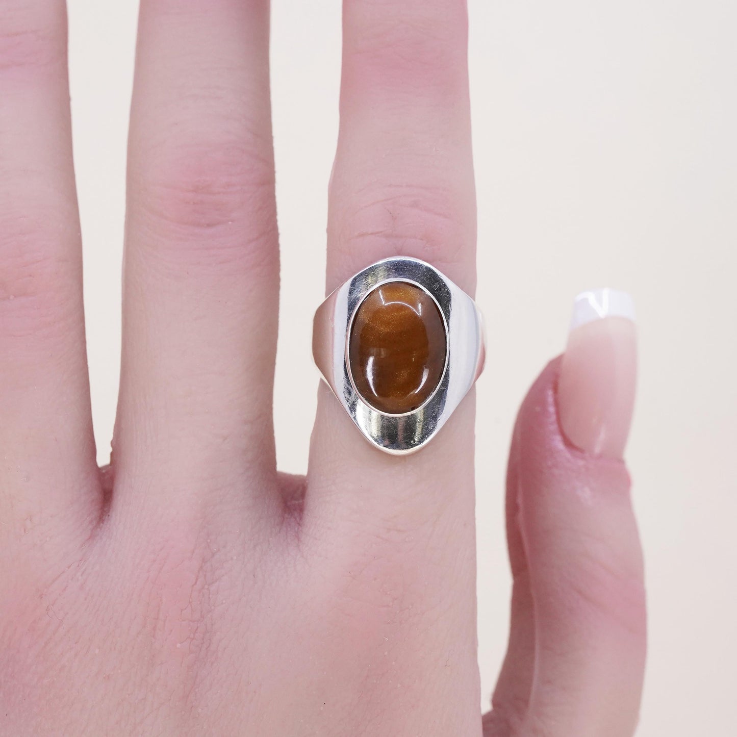 Size 6.25, VTG Mexican handmade sterling 925 silver statement ring goldstone
