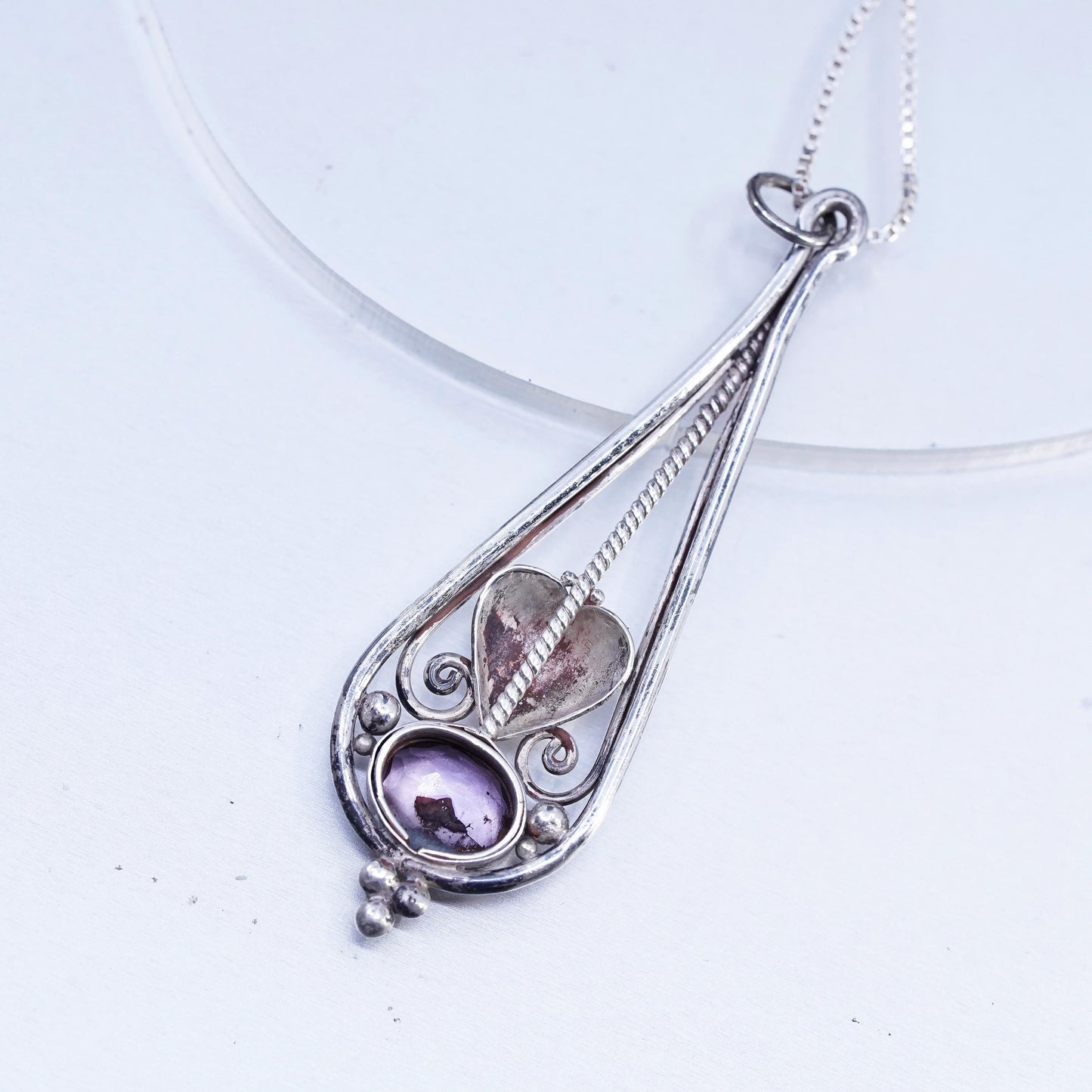 24", Vintage Sterling 925 silver box chain necklace teardrop amethyst pendant