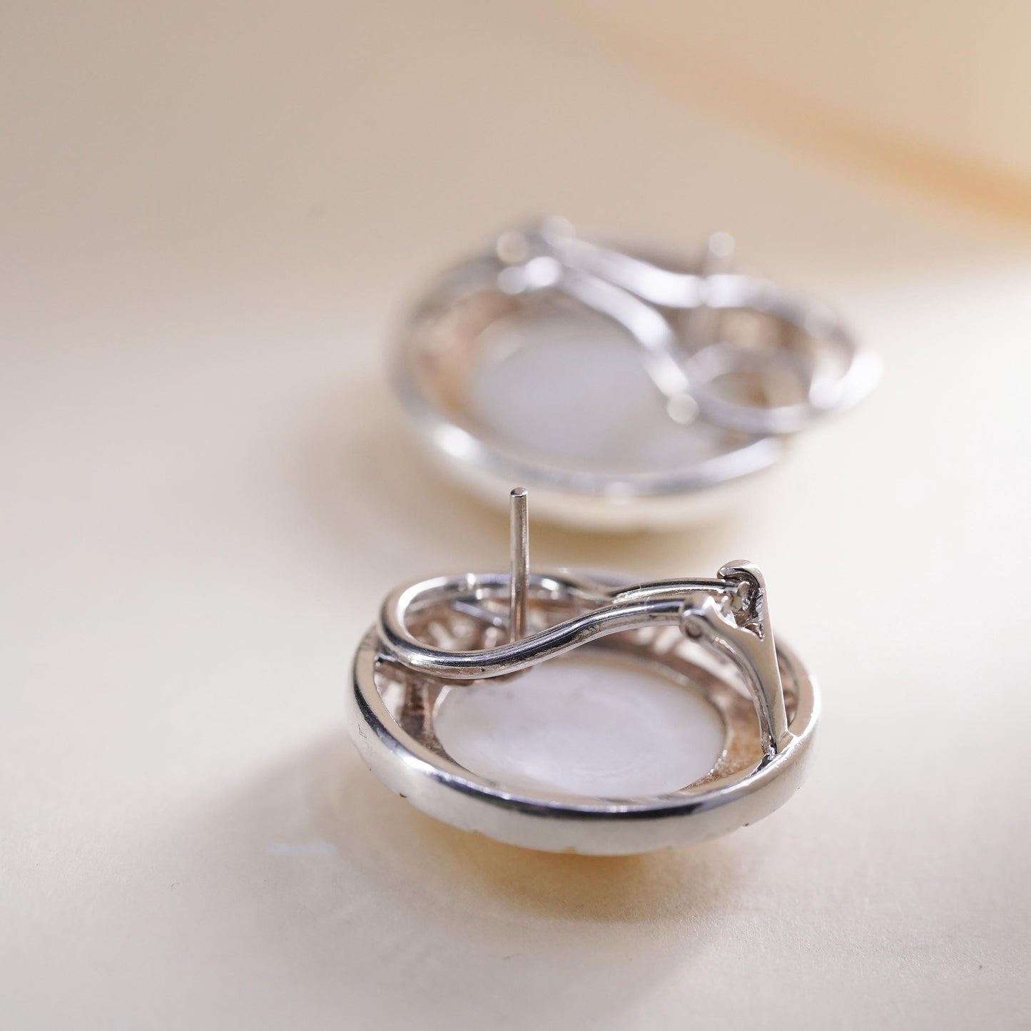 Vintage Sterling silver earrings, 925 Greek key studs w/ round mother of pearl