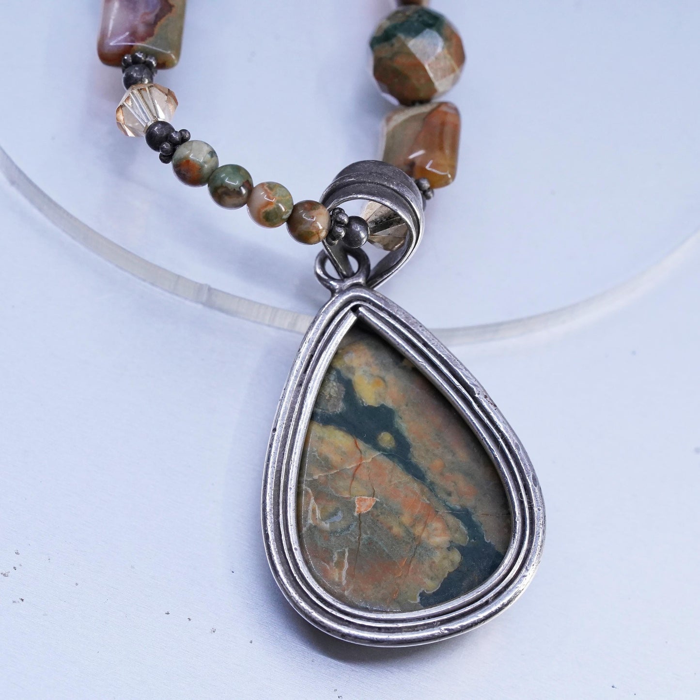 22” Sterling 925 Silver rainforest jasper beads necklace with teardrop pendant