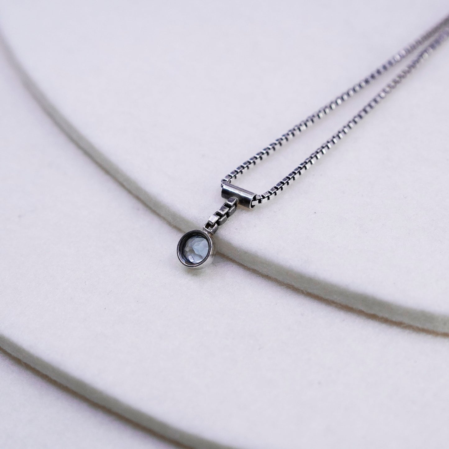 16”, vintage Sterling 925 silver box chain necklace with blue crystal pendant