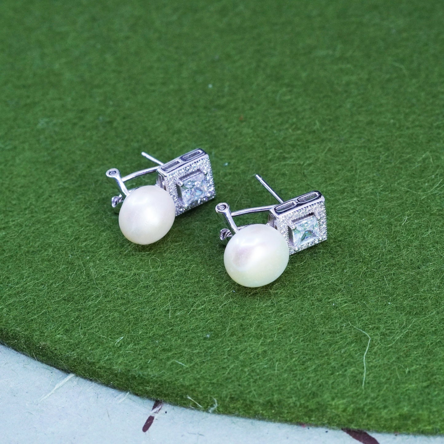 Vintage sterling silver earrings, 925 studs with pearl and cz