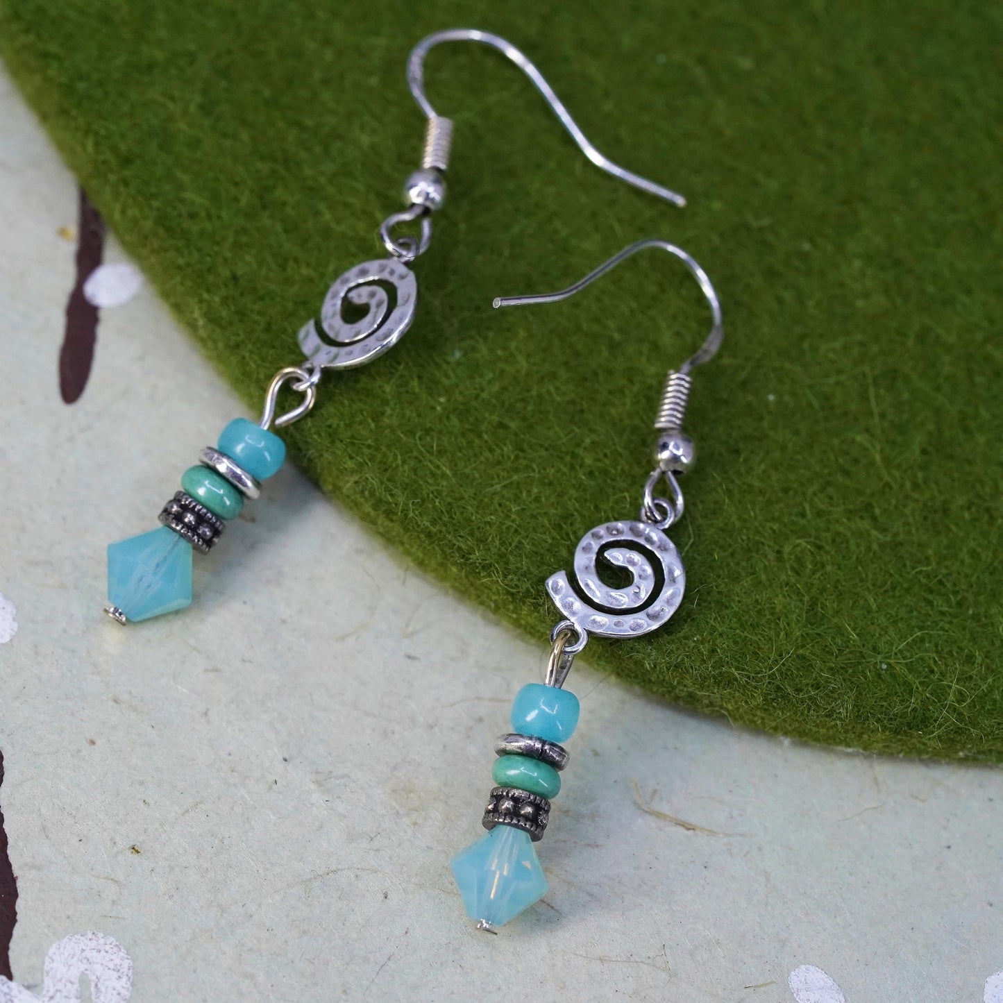 Vintage Sterling 925 silver handmade spiral earrings with Chalcedony beads