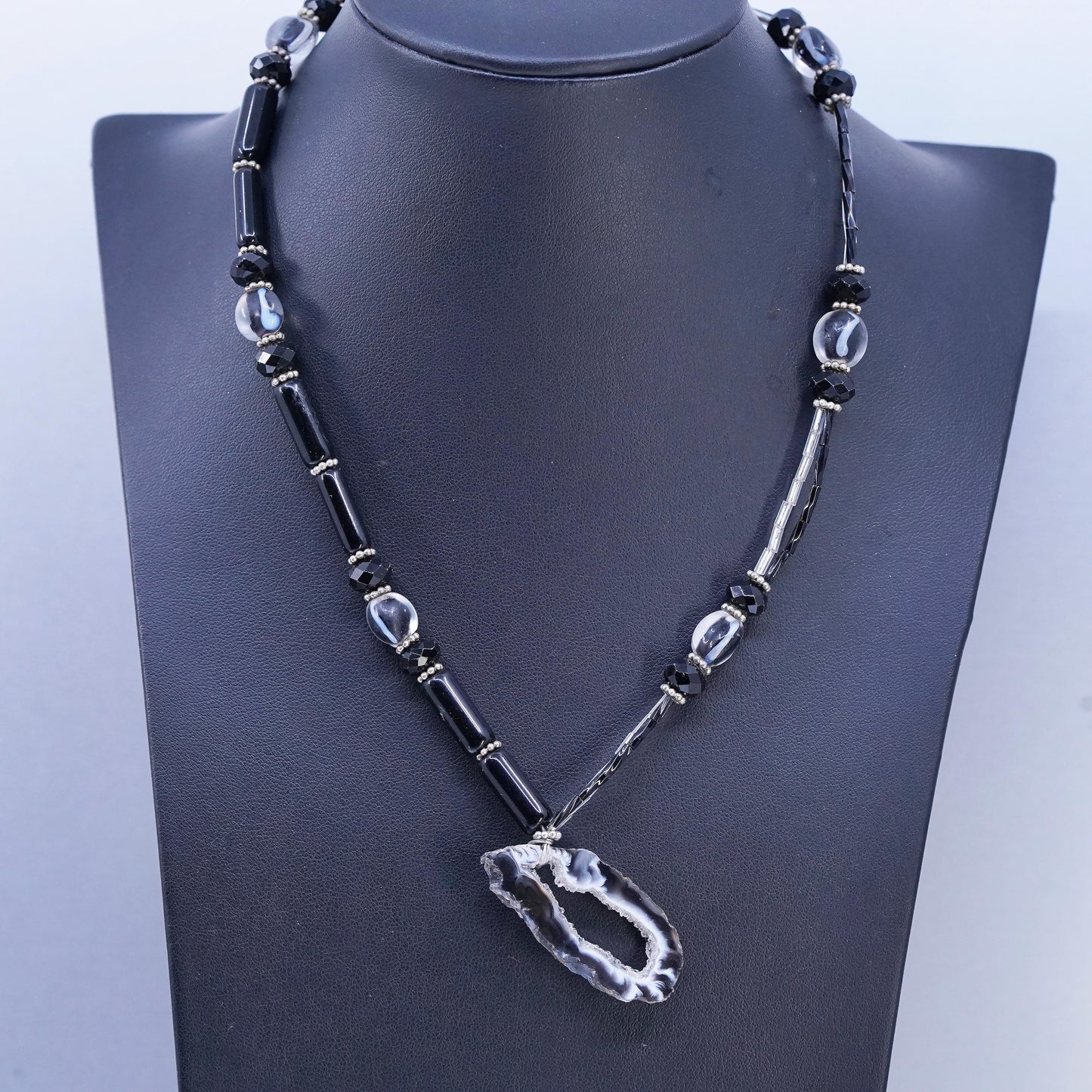 18” Sterling 925 Silver black agate beads necklace with pendant toggle closure