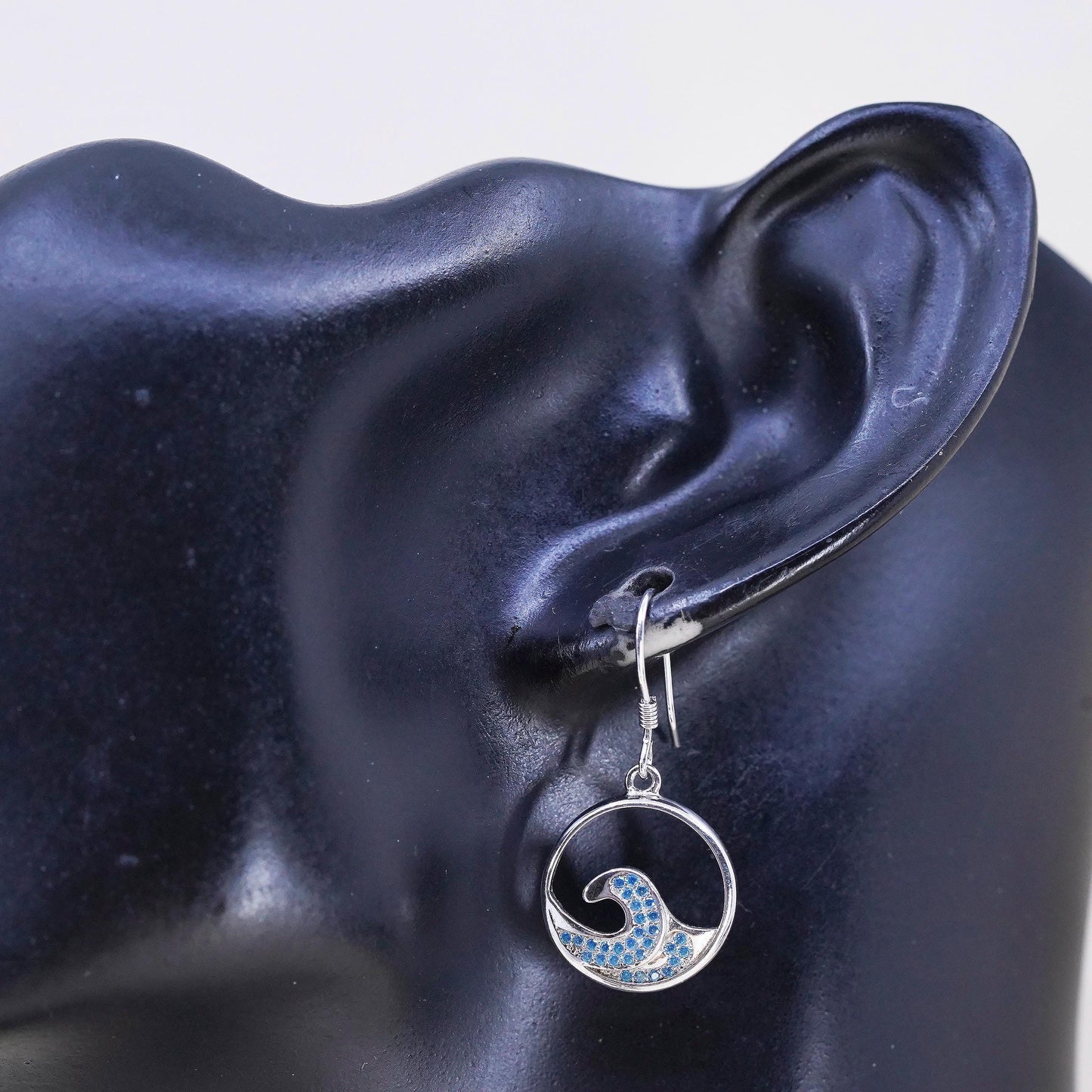 VTG Sterling silver handmade earrings, 925 ocean waves dangles cluster blue cz