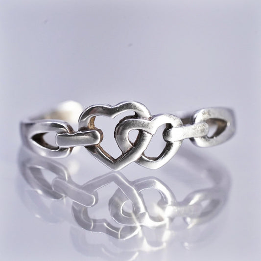 Size 4, vintage Sterling 925 silver ring, double heart stackable open band