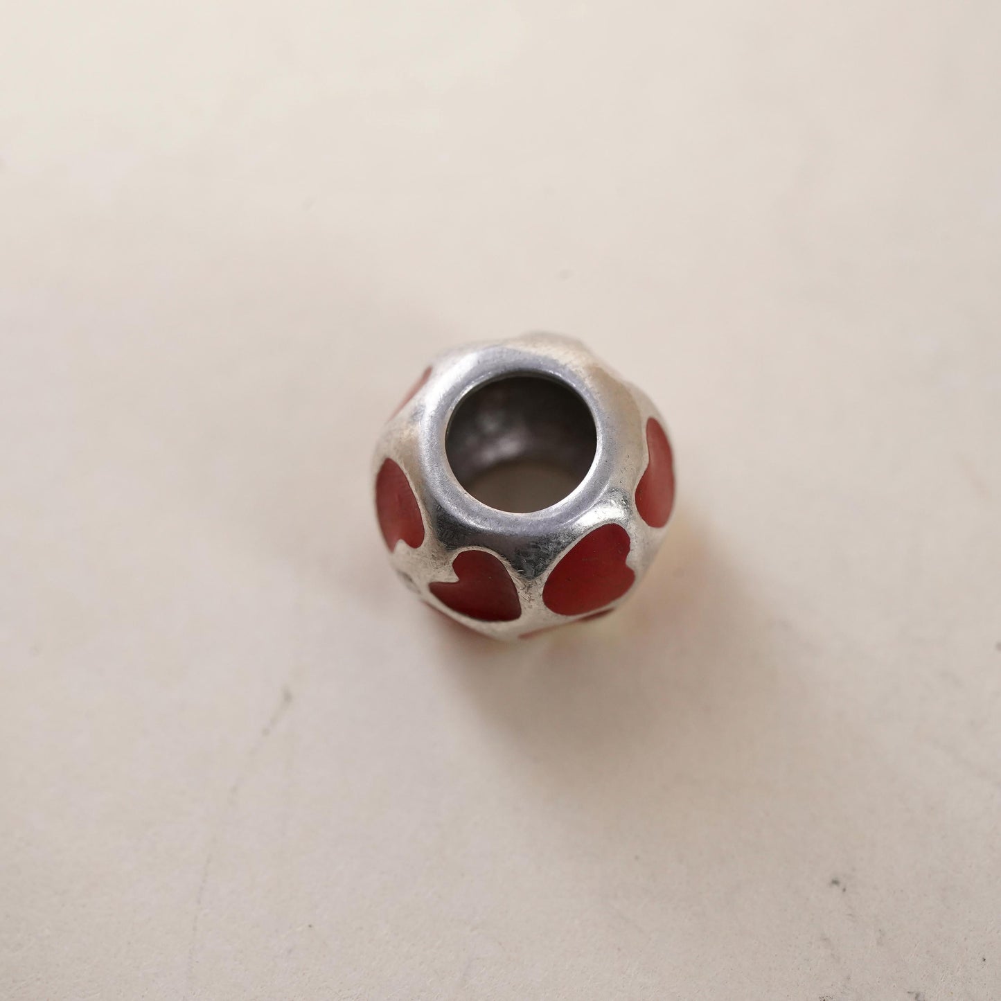 Vintage Sterling silver handmade pendant, 925 red enamel heart bead charm