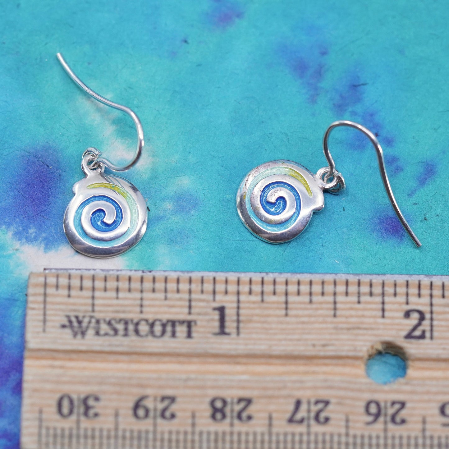 Vintage Sterling 925 silver handmade tag earrings with swirly dangle