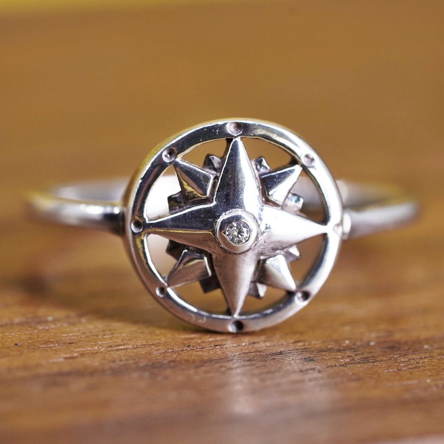 Size 6, vintage Sterling silver handmade star ring, 925 compass band with cz