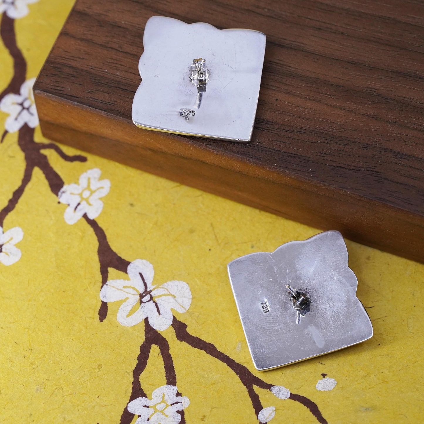 vintage modern Sterling silver handmade studs, square ribbed earrings