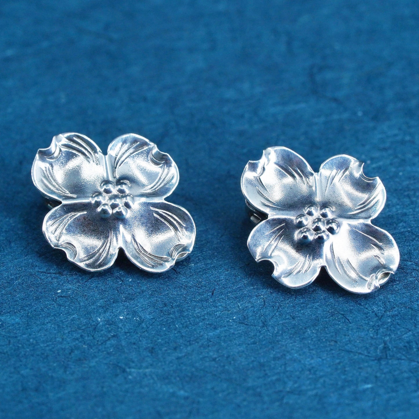 NYE Sterling silver handmade earrings, solid 925 silver dogwood flower clip on