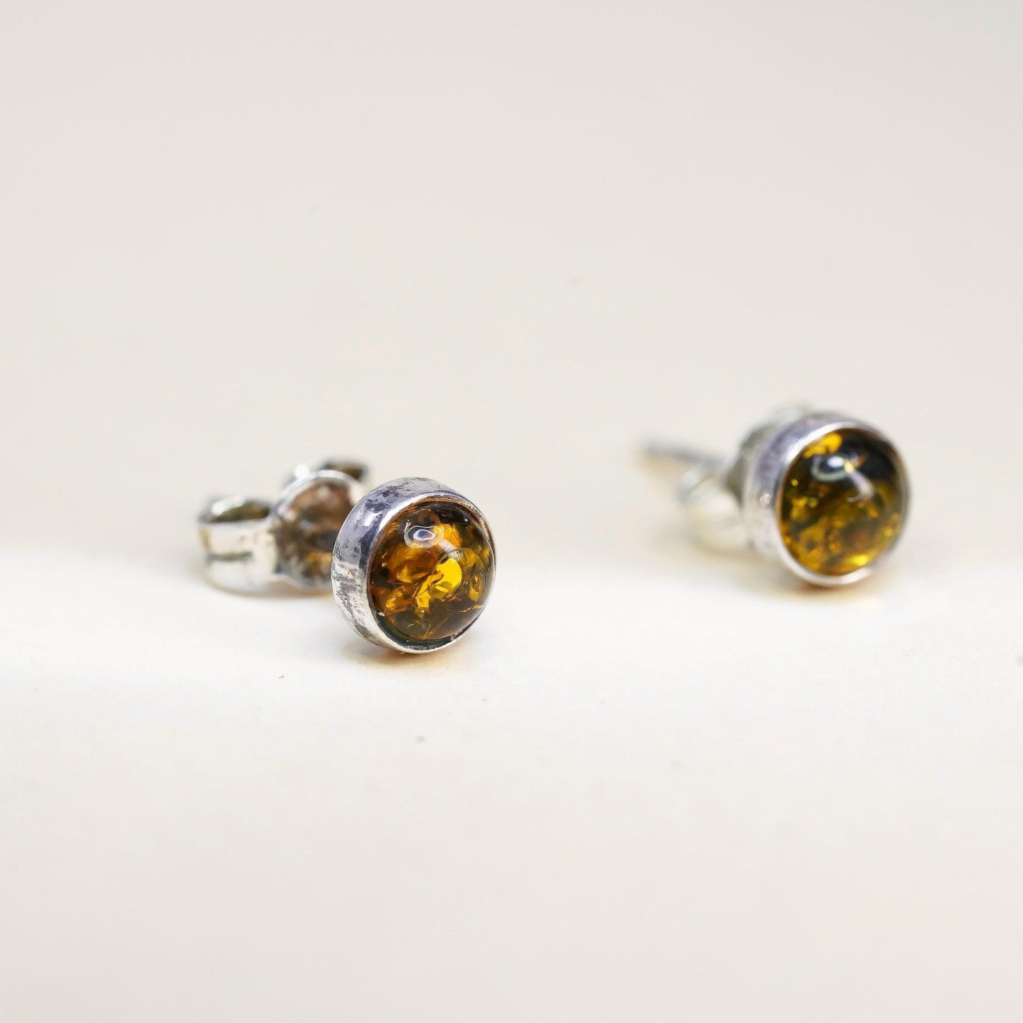 Vintage Sterling 925 silver handmade earrings round Amber studs, southwestern
