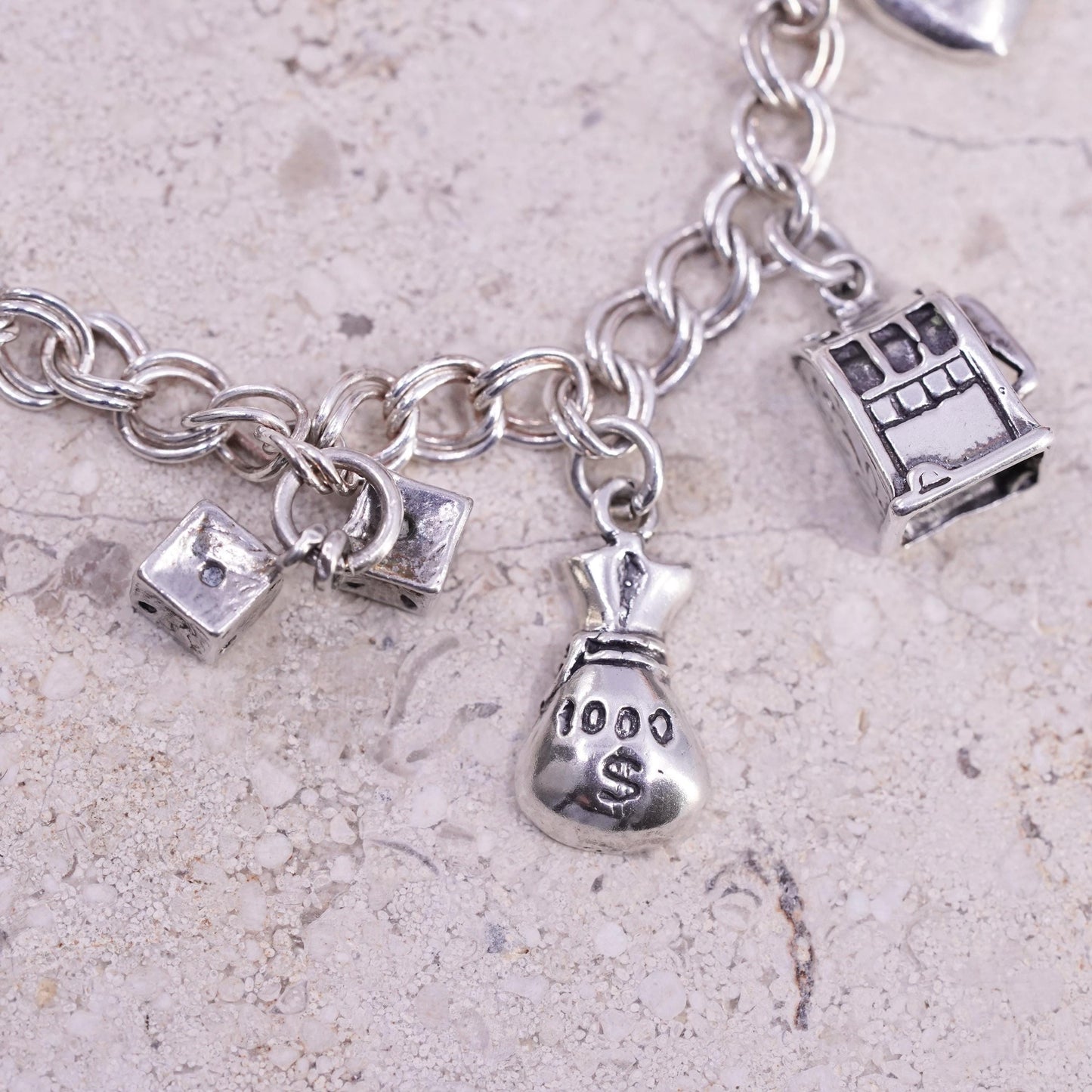 8", Sterling silver bracelet, 925 double curb chain slot dice money bag heart