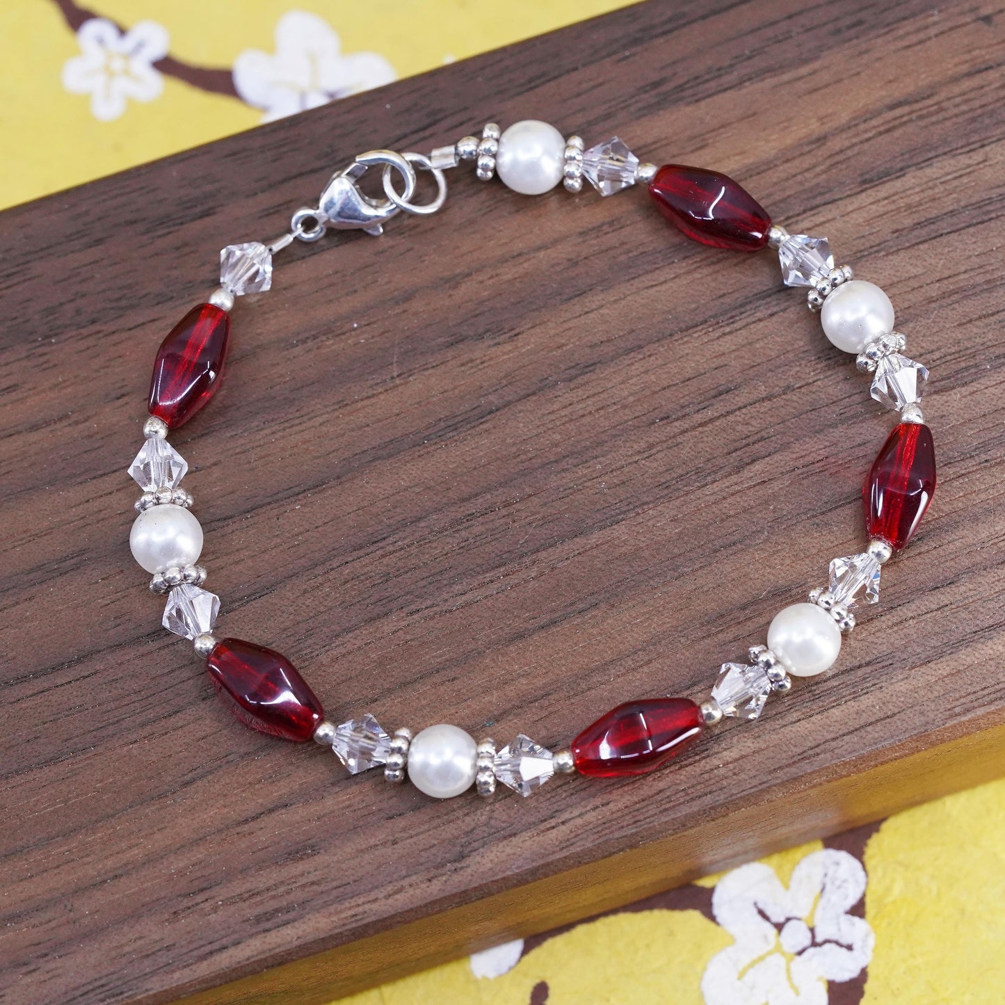 6.75”, Vintage Sterling 925 silver beads bracelet with pearl red crystal beads
