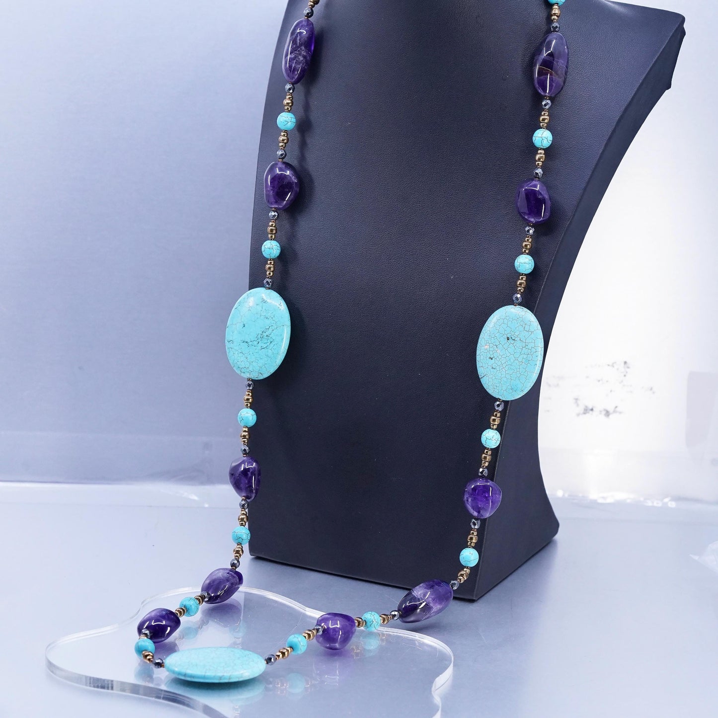30", turquoise amethyst nugget beads necklace with sterling silver 925 brass