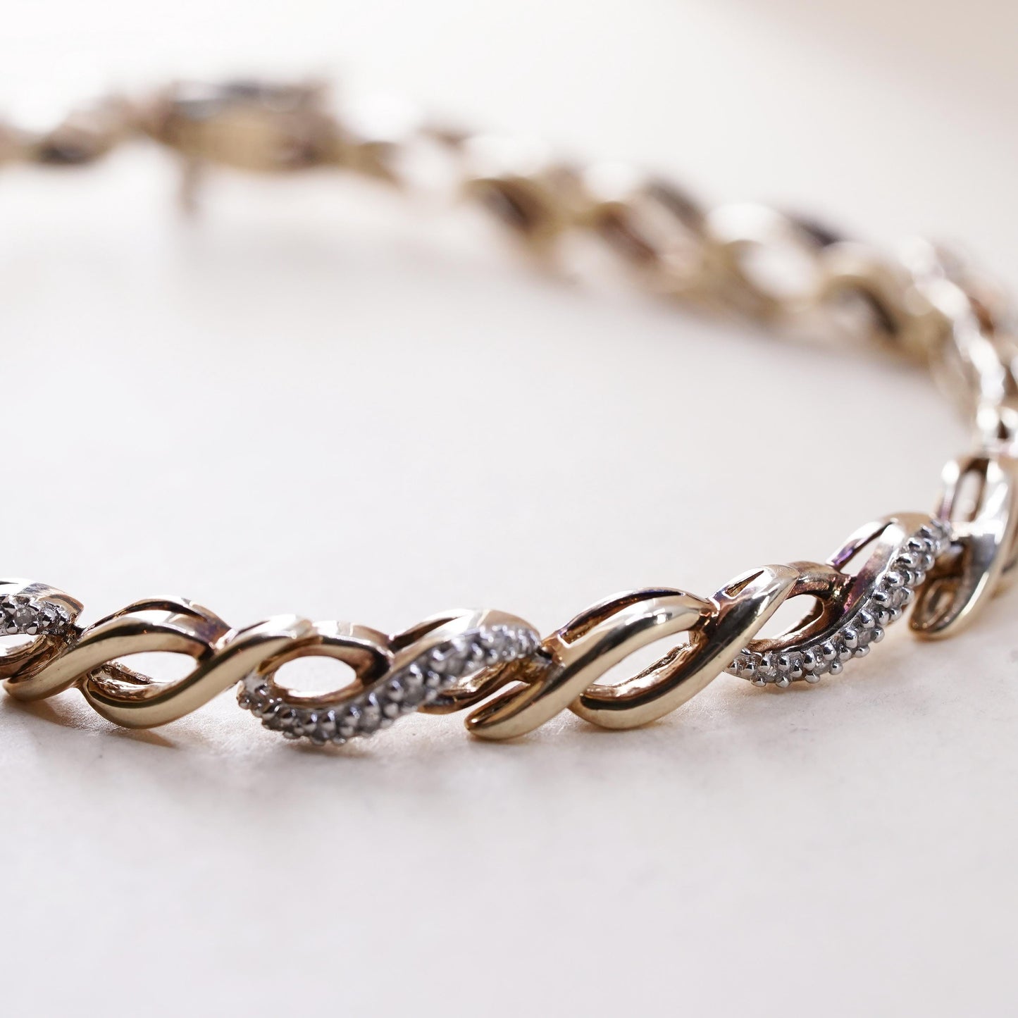 7.5”, vermeil gold sterling silver tennis bracelet, 925 twisted chain diamond