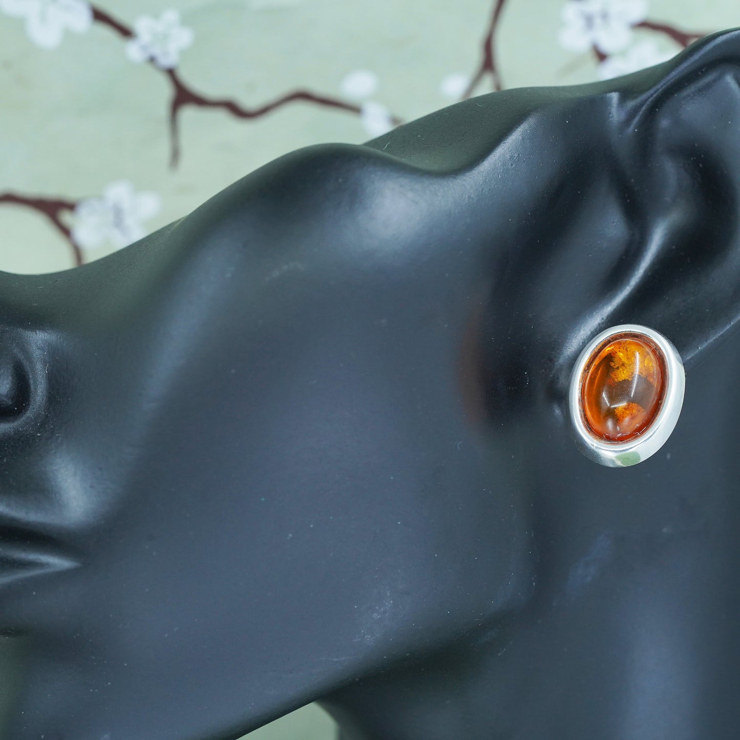 Vintage Sterling 925 silver handmade earrings with oval Amber studs