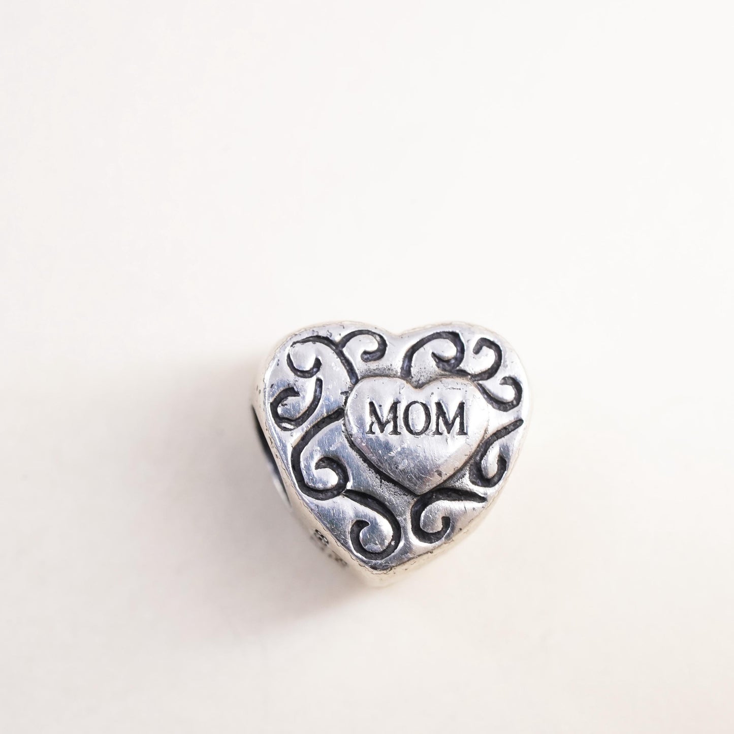 Vintage Sterling silver handmade bead charm, 925 heart pendant embossed mom