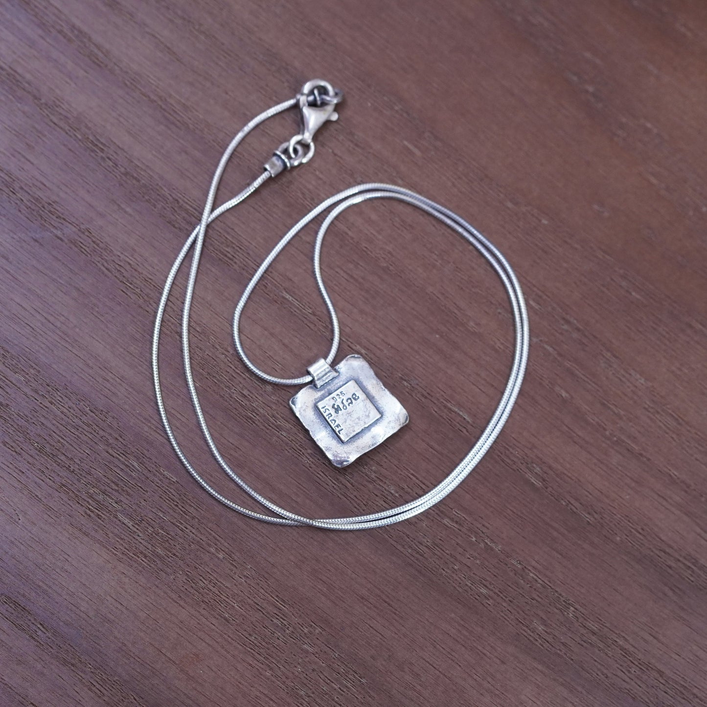 18”, Shablool Didae Sterling 925 silver necklace, snake chain square pendant