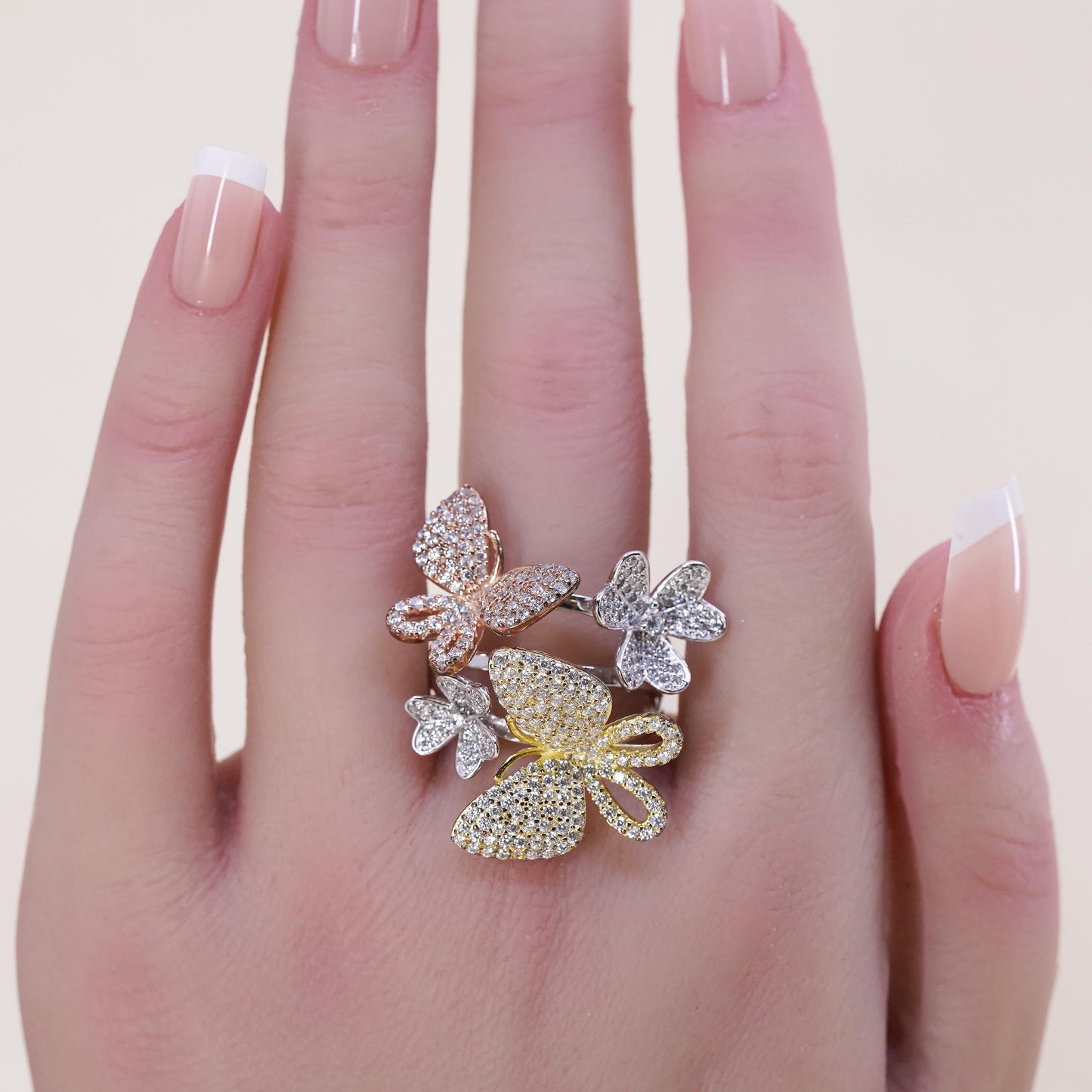 Size 9, Vintage sterling silver handmade statement butterfly ring cluster cz