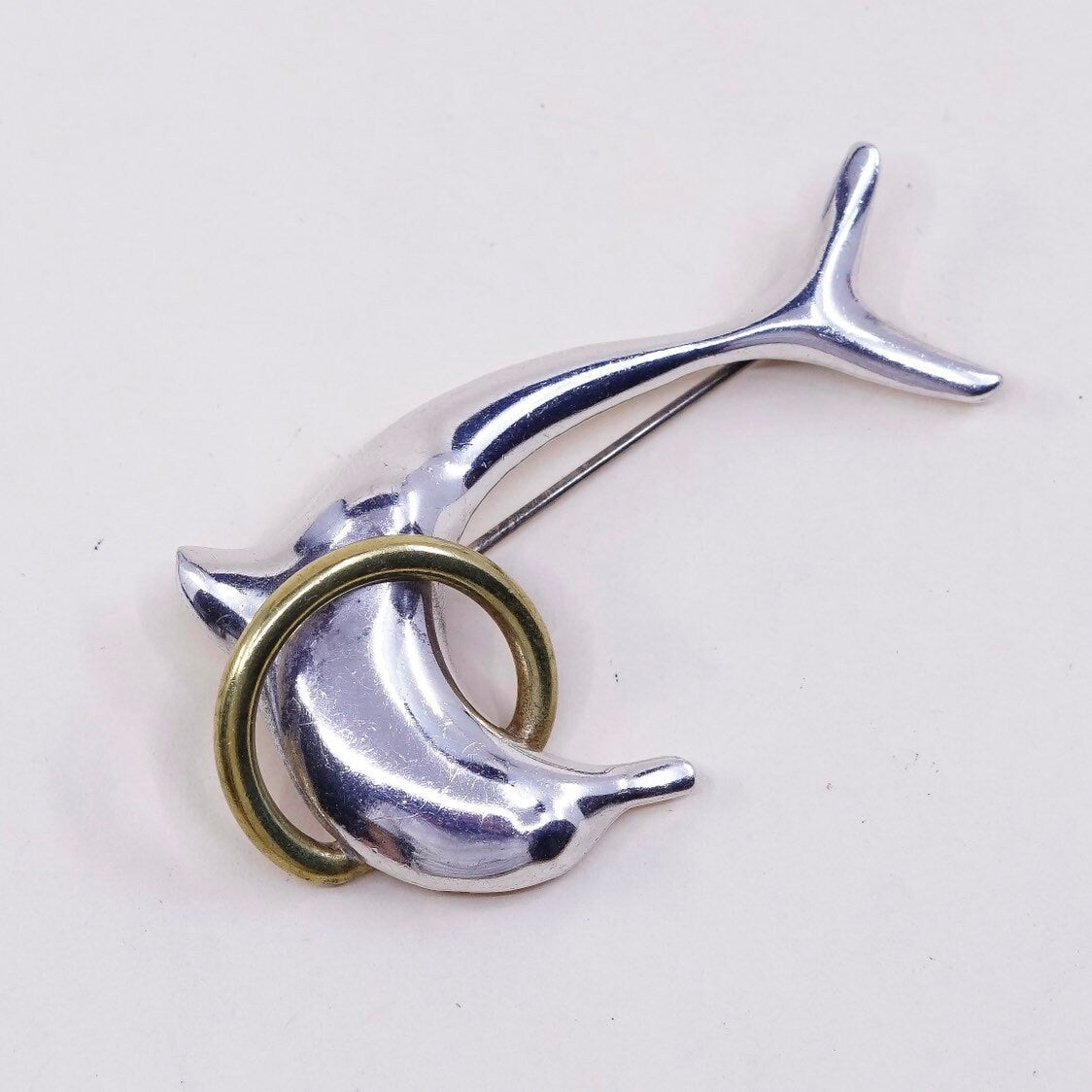 Vintage two Tone sterling silver handmade brooch, solid 925 silver dolphin w/ brass ring, stamped 925 mexico