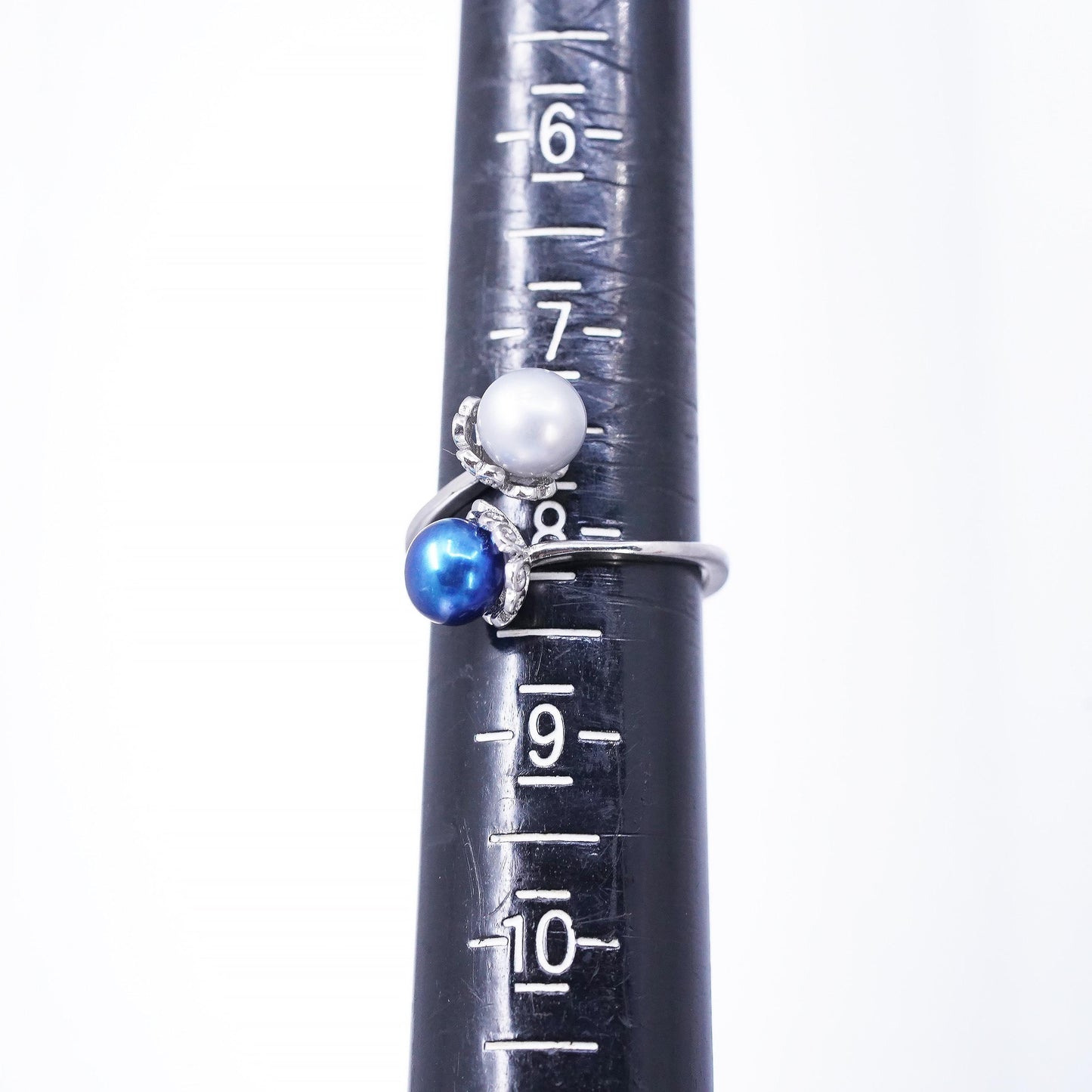 Size adjustable, vintage Sterling 925 silver wrap band ring blue gray pearl