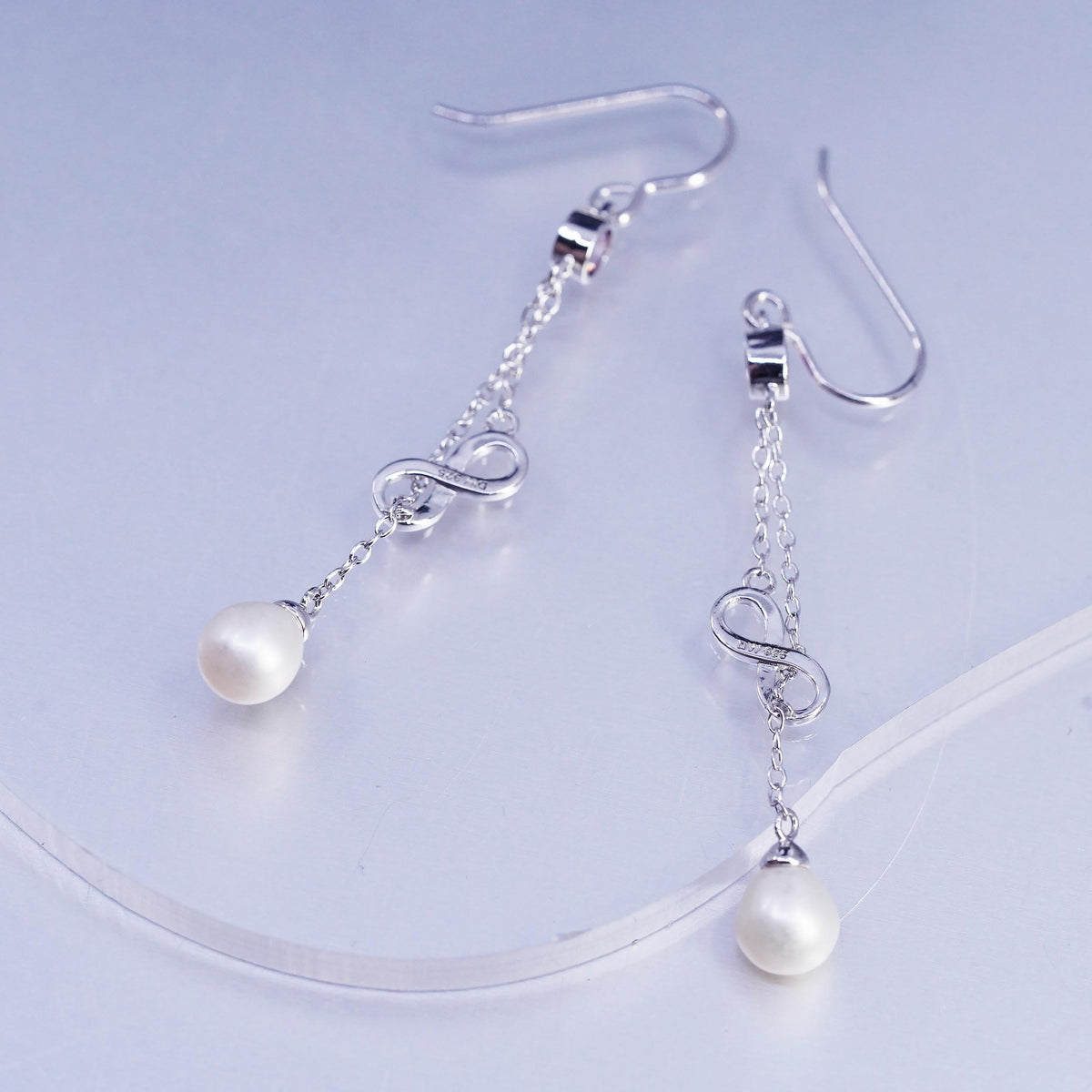 1.5", Vintage Sterling 925 silver long earrings infinity charm pearl beads