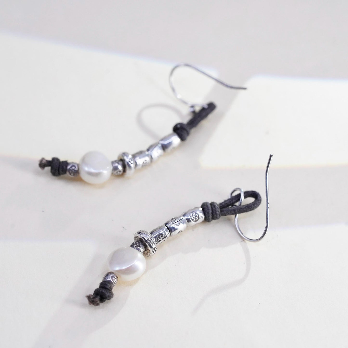 Vintage 925 Sterling Silver Leather Textured Earrings with pearl beads