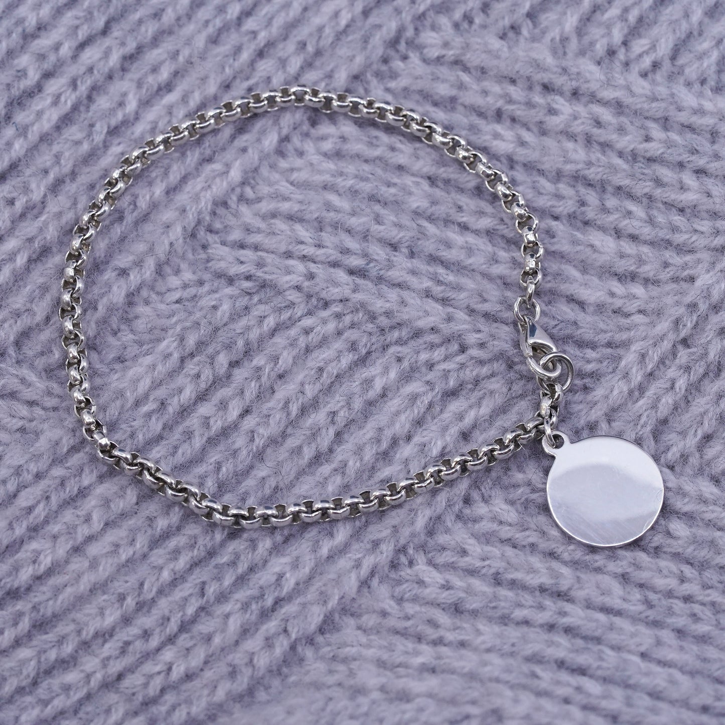 7", Sterling silver handmade bracelet, 925 circle link chain with circle charm