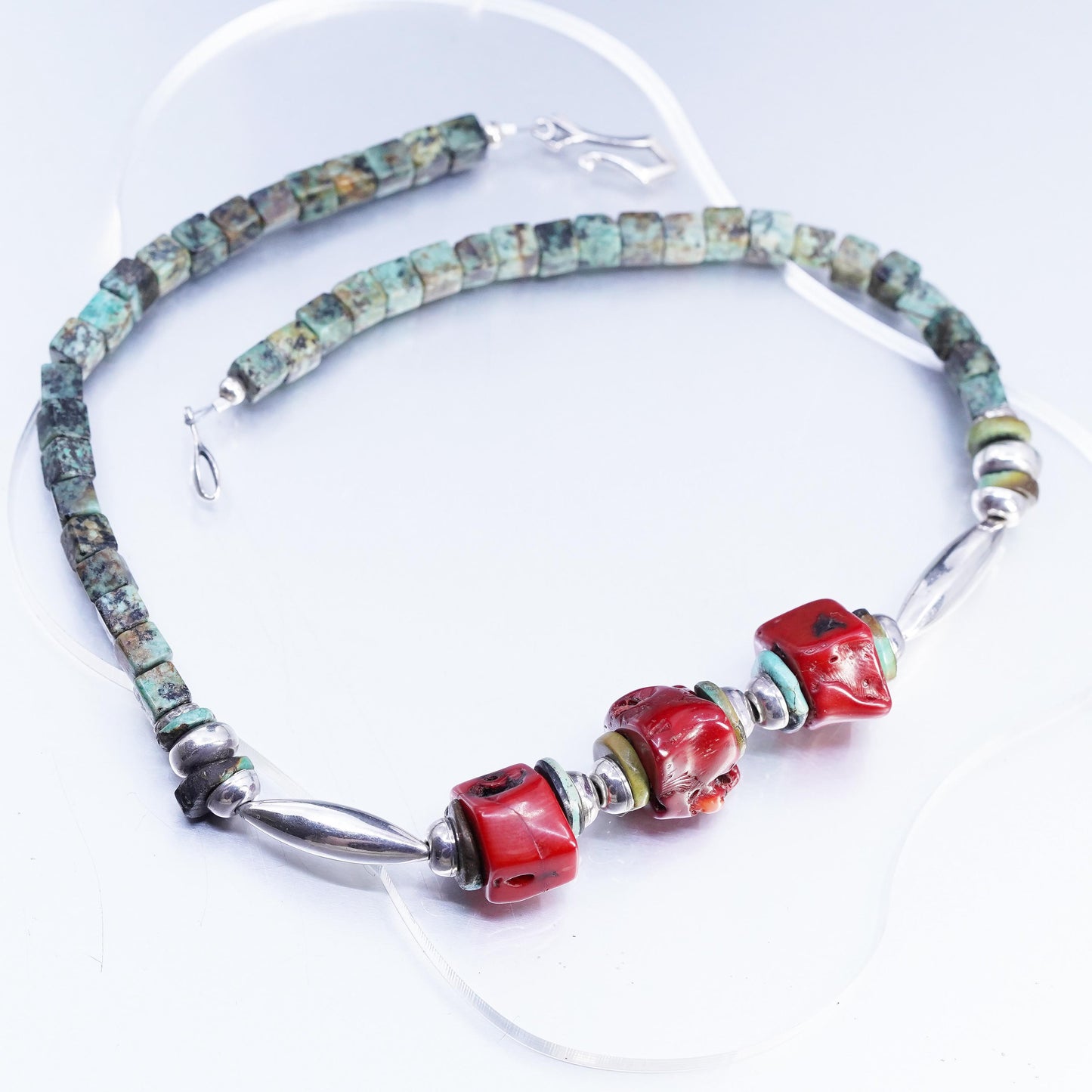 18", Native American Sterling 925 silver heishi necklace turquoise bead coral