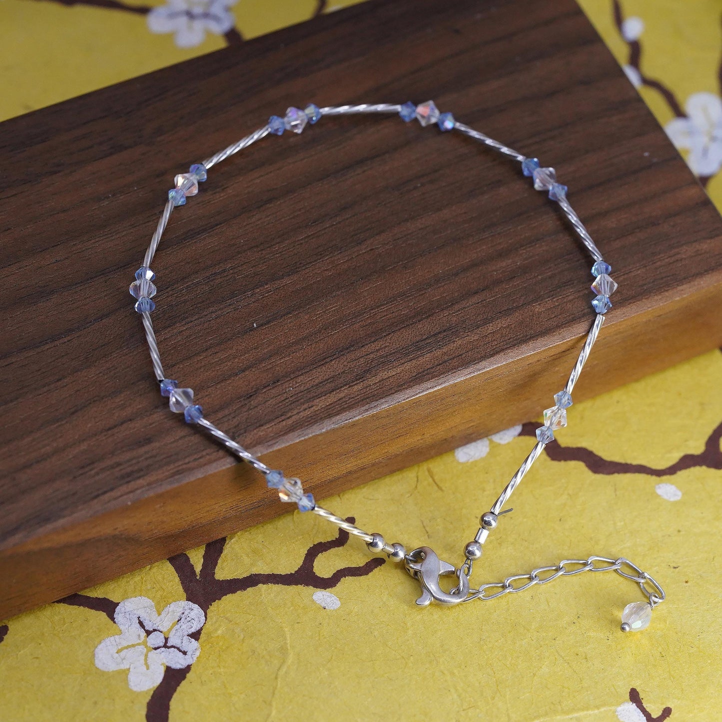 9+1.5", Sterling silver twisted tube anklet, 925 bracelet blue crystal beads
